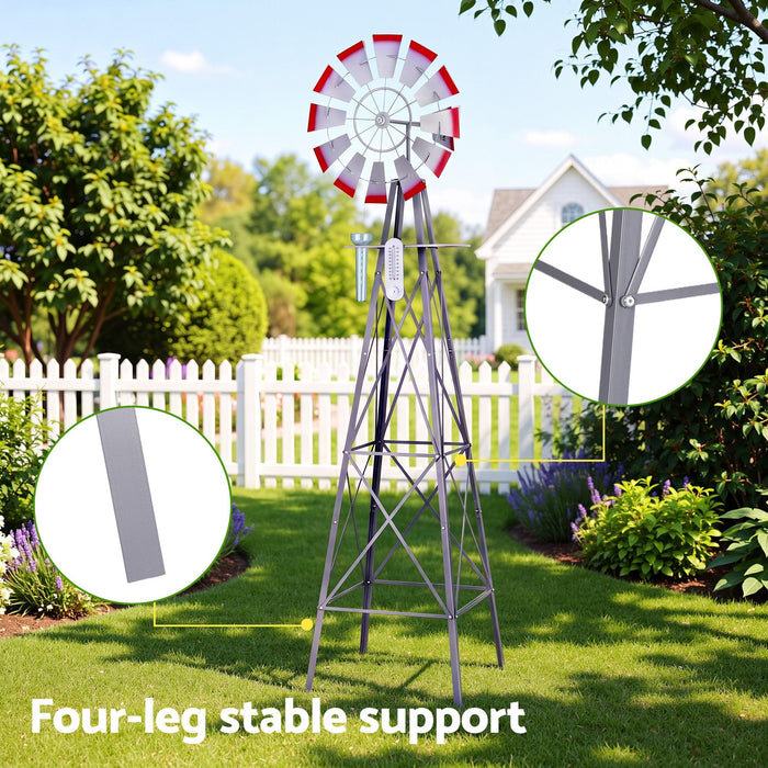 Gardeon Garden Windmill Metal Weather Station with Rain Gauge 243cm Silver