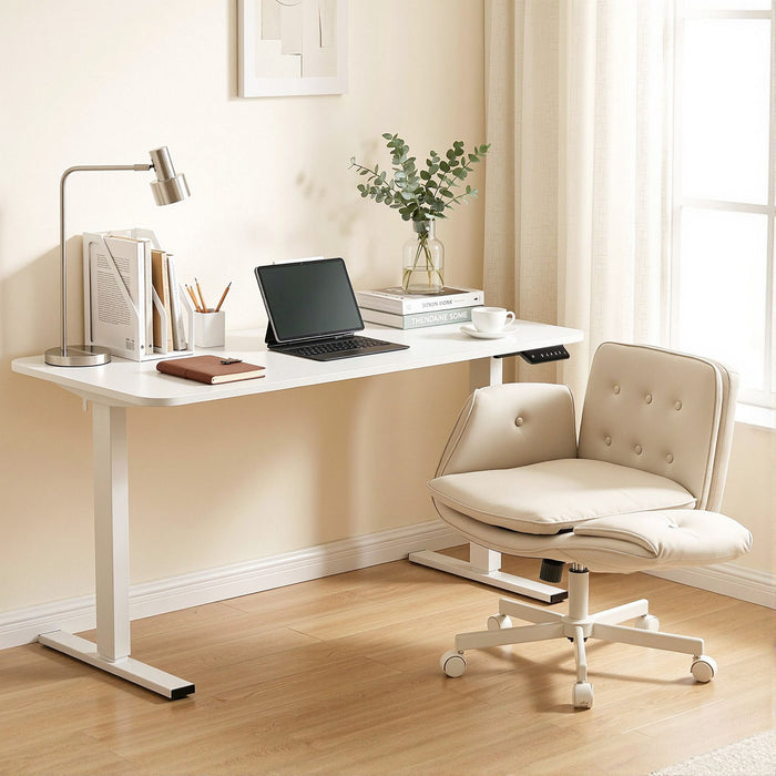 Artiss Criss Cross Chair with Wheels & Adjustable Armrests and Electric Standing Desk 140cm with Memory Presets, Ergonomic Cross Legged Chair and Office Desk Set