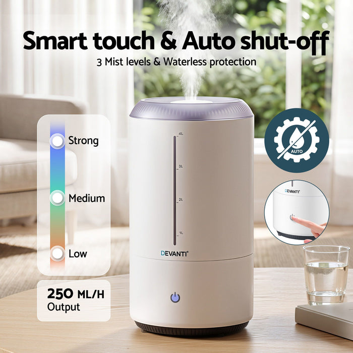 Devanti Ultrasonic Humidifier Aroma Diffuser Top Fill Quiet Bedroom 4L White