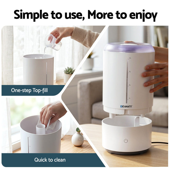 Devanti Ultrasonic Humidifier Aroma Diffuser Top Fill Quiet Bedroom 4L White