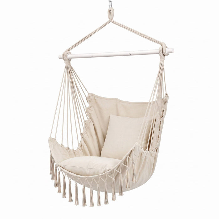 Gardeon Hammock Chair Camping Macrame Hanging Swing Cushions Metal Bar Cream