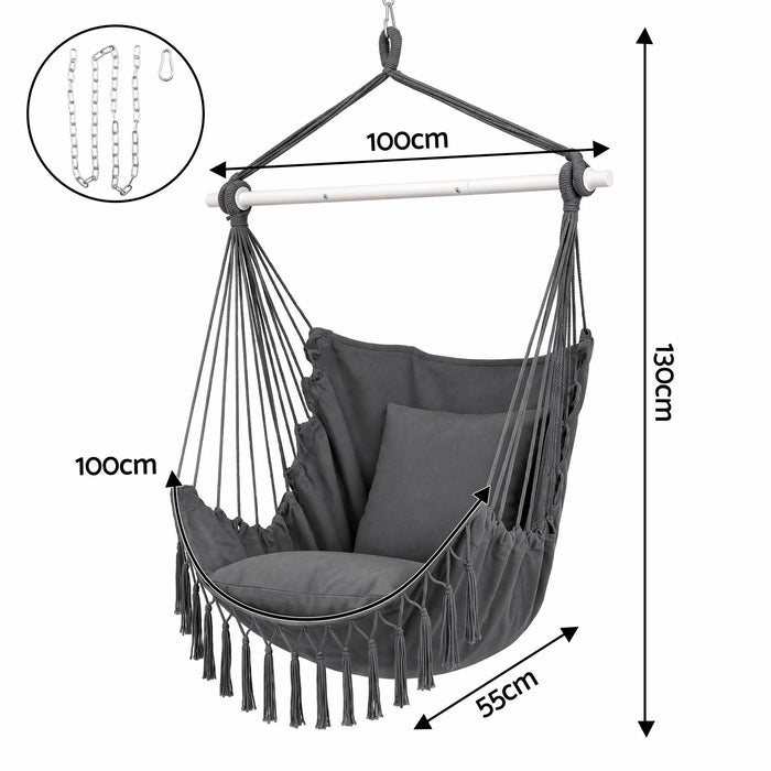 Gardeon Hammock Chair Camping Macrame Hanging Swing Cushions Metal Bar Grey