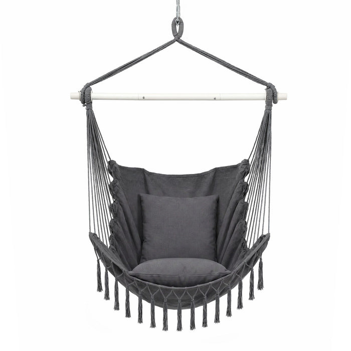 Gardeon Hammock Chair Camping Macrame Hanging Swing Cushions Metal Bar Grey