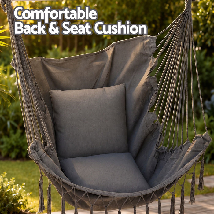 Gardeon Hammock Chair Camping Macrame Hanging Swing Cushions Metal Bar Grey