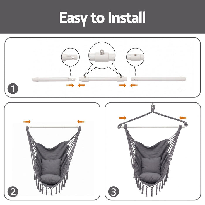 Gardeon Hammock Chair Camping Macrame Hanging Swing Cushions Metal Bar Grey