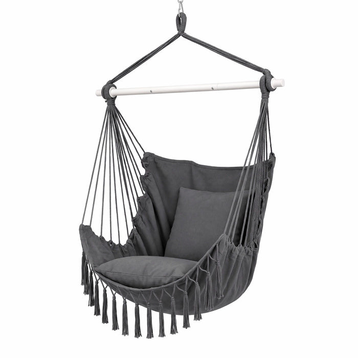 Gardeon Hammock Chair Camping Macrame Hanging Swing Cushions Metal Bar Grey