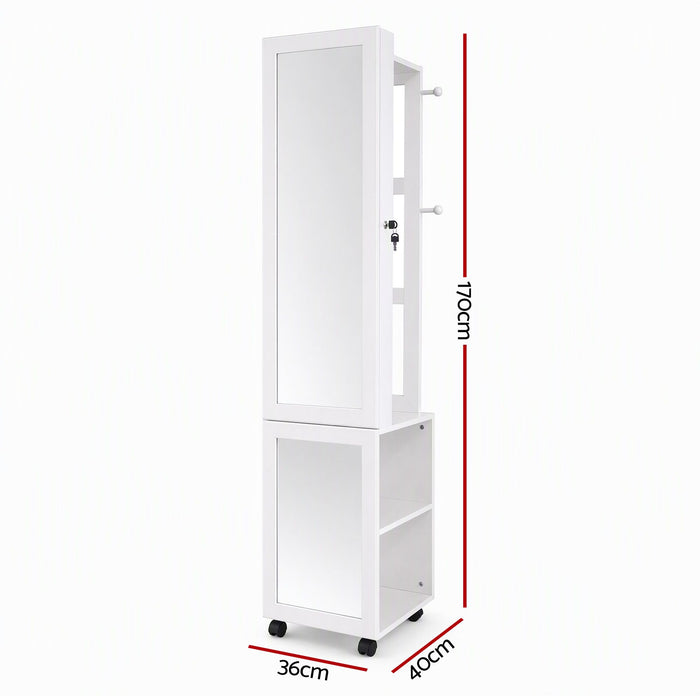Artiss Lockable Jewellery Cabinet, Mobile Frameless Mirror, White