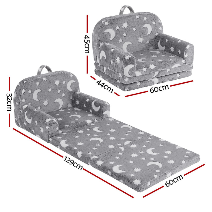 Keezi Kids 2-in-1 Fold Out Sofa Bed with Removable Washable Cover, Carry Handle, Storage Pocket, Glow in the Dark, Grey