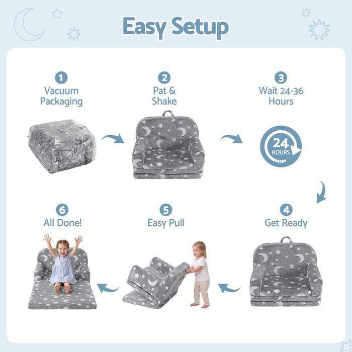 Keezi Kids 2-in-1 Fold Out Sofa Bed with Removable Washable Cover, Carry Handle, Storage Pocket, Glow in the Dark, Grey