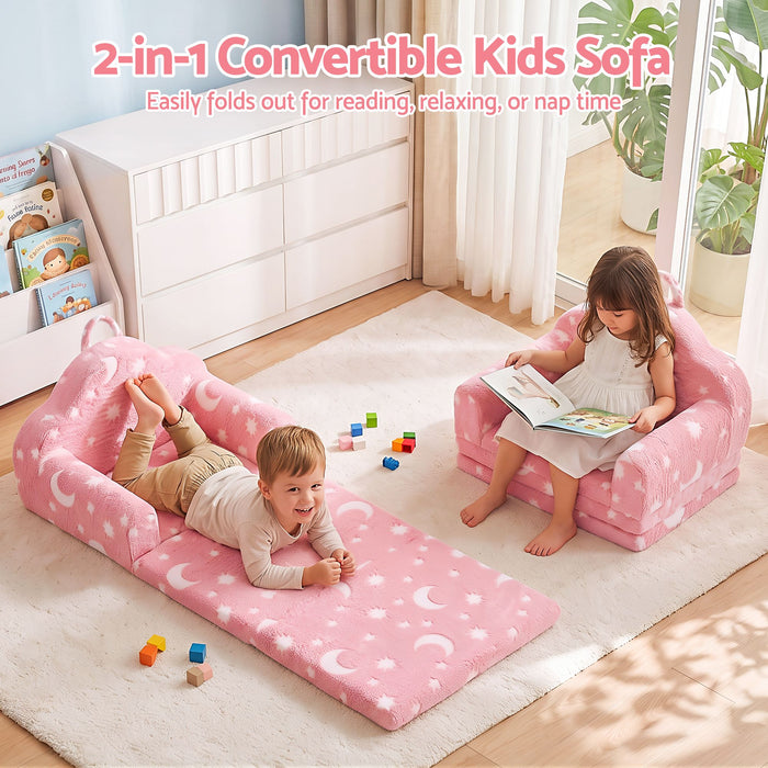 Keezi Kids 2-in-1 Fold Out Sofa Bed with Removable Washable Cover, Carry Handle, Storage Pocket, Glow in the Dark, Pink