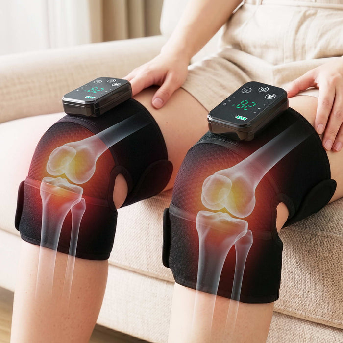 Livemor Knee Massager with Heat (2 Pack), Cordless Heated Knee Massage for Pain Relief with 3 Heating Levels, 3 Vibration Modes, Gentle Lights, Adjustable Straps, 3-in-1, Gift for Men and Women