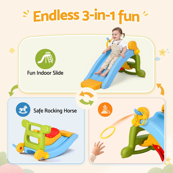 Keezi Kids Slide Set Toddler Indoor Playset Rocking Horse Ring Toss Multi Colour
