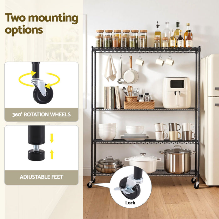 Artiss 4-Tier Kitchen Rack Shelf with Wheels Shelving 152x45x187CM Adjustable Metal Storage Shelves
