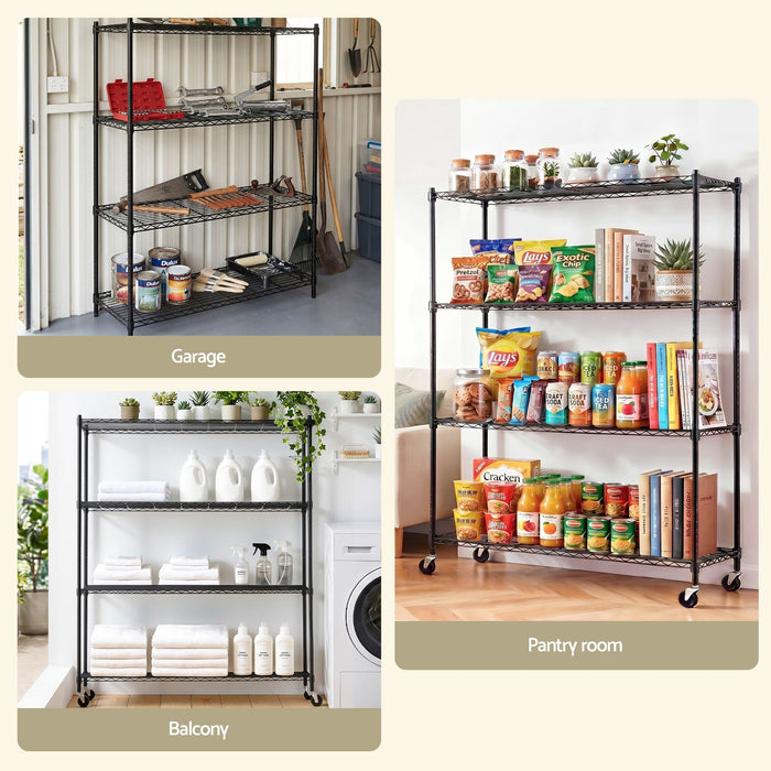 Artiss 4-Tier Kitchen Rack Shelf with Wheels Shelving 152x45x187CM Adjustable Metal Storage Shelves