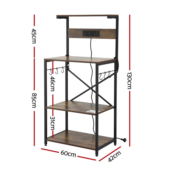 Artiss 4-Tier Kitchen Rack with 2 Power Outlets 6 Hooks Microwave Storage Shelf