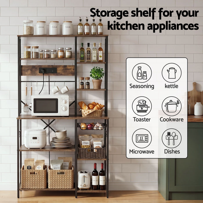 Artiss Kitchen Rack with Power Outlets Hooks 96CMX170CM Microwave Storage Shelf