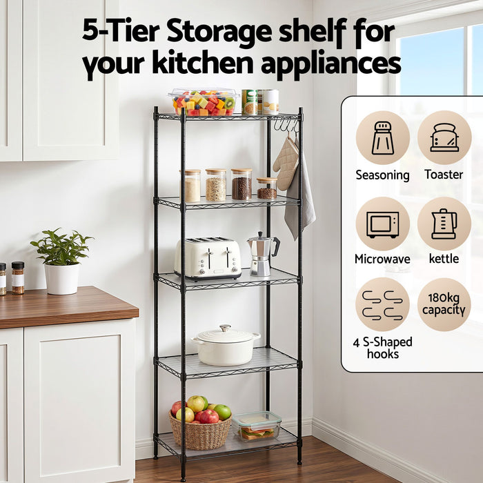 Artiss 5-Tier Kitchen Rack Shelf Shelving Unit 55x30x150CM Adjustable Metal Storage Shelves Black