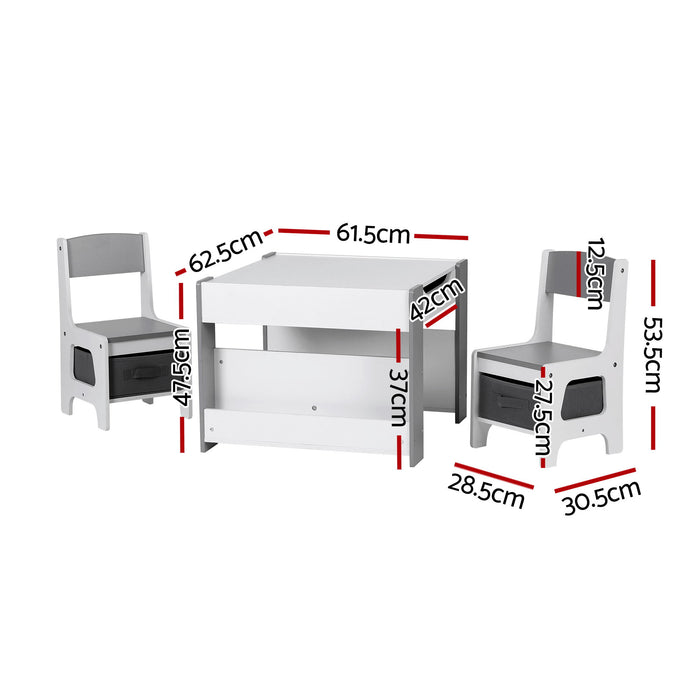 Keezi Kids Table and Chair Set, 4 in 1 Wooden Activity Table with Bookcase, Storage Box and Detachable Blackboard, Toddler Table and 2 Chairs Set, Grey
