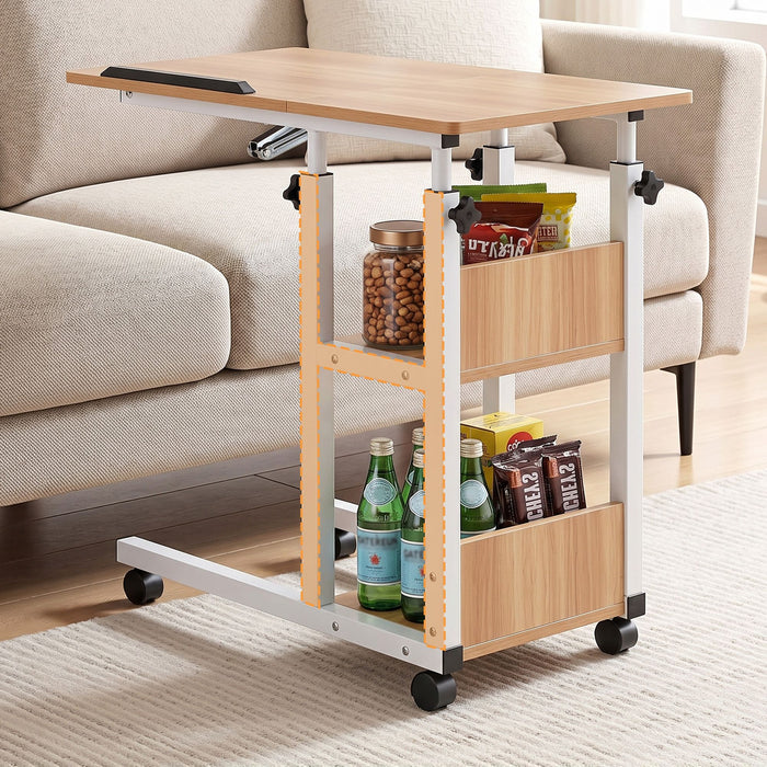 Artiss 3 Tier Adjustable Laptop Desk Tiltable Mobile Side Table Wheels Oak