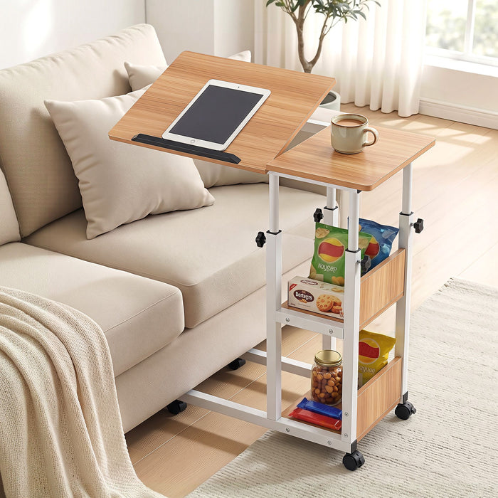 Artiss 3 Tier Adjustable Laptop Desk Tiltable Mobile Side Table Wheels Oak