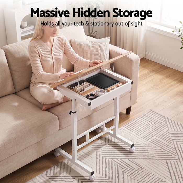 Artiss Adjustable Laptop Desk Mobile Bedside Table Hidden Storage Wood