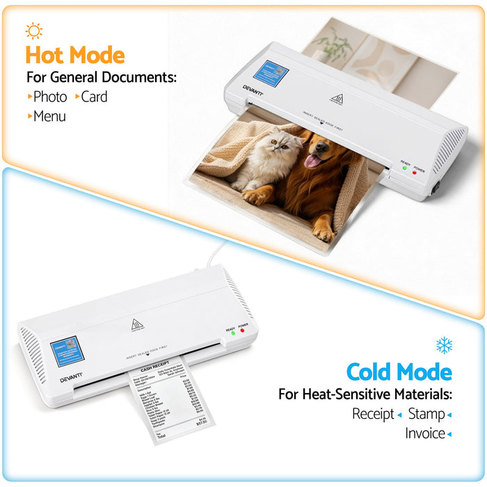 Devanti A4 Laminator Machine, Hot & Cold Thermal Fast Lamination Anti-Jam Laminator for Office School Home Document Photo Card Handmade A4 A5 A6, White