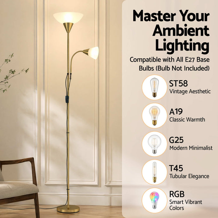 Artiss Gold Floor Lamp with Reading Light | Mother and Child Standing Lamp with 360 Flexible Gooseneck, Individual Switch & Plate Shade, E27 & E14 Bulb (Not Included) Home Living Room Office Reading