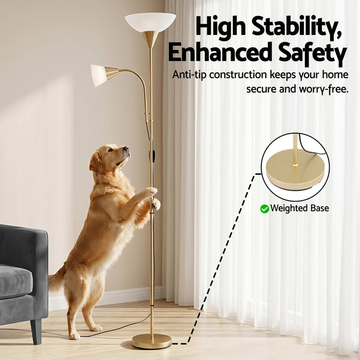 Artiss Gold Floor Lamp with Reading Light | Mother and Child Standing Lamp with 360 Flexible Gooseneck, Individual Switch & Plate Shade, E27 & E14 Bulb (Not Included) Home Living Room Office Reading