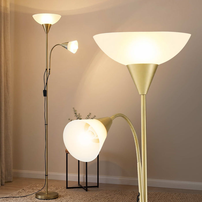 Artiss Gold Floor Lamp with Reading Light | Mother and Child Standing Lamp with 360 Flexible Gooseneck, Individual Switch & Plate Shade, E27 & E14 Bulb (Not Included) Home Living Room Office Reading