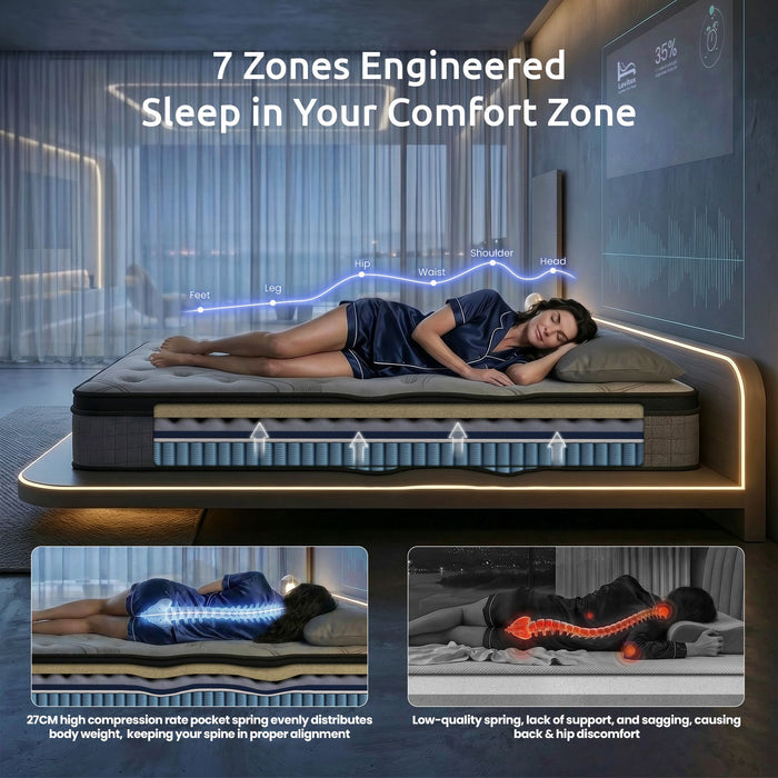 Levitex 33 cm Mattress 8.0 Extra Firm 7-Zone Pocket Spring Mattress with Dual-Row Edge Support & Breathable Knit Cover Double