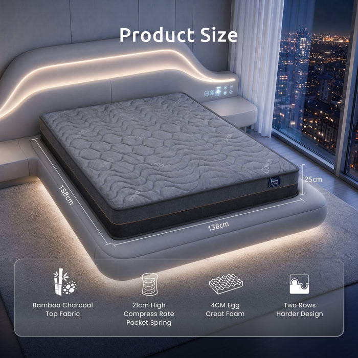 Levitex Double Mattress 25 cm Hybrid Pocket Spring with 4cm Egg Crate Foam for Deep Sleep Bamboo Charcoal Fabric