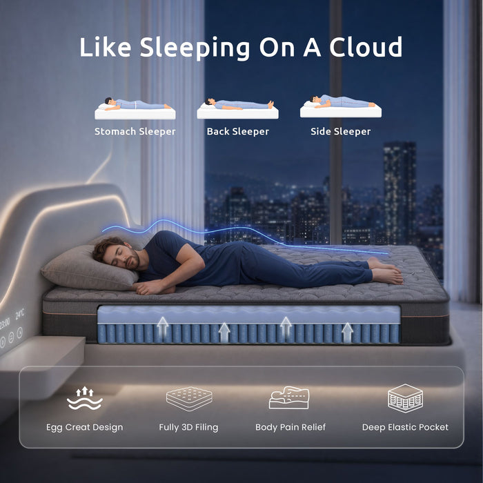 Levitex Double Mattress 25 cm Hybrid Pocket Spring with 4cm Egg Crate Foam for Deep Sleep Bamboo Charcoal Fabric