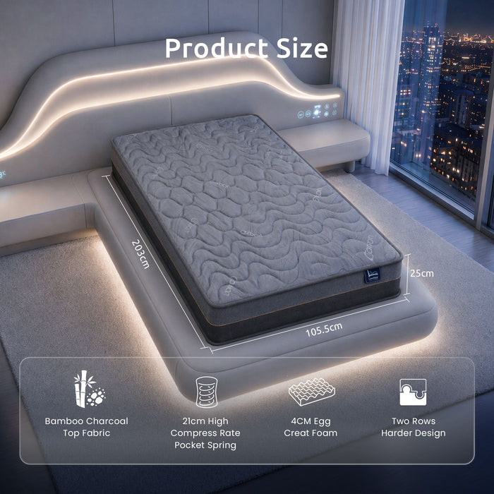 Levitex King Single Mattress 25 cm Hybrid Pocket Spring with 4cm Egg Crate Foam for Deep Sleep Bamboo Charcoal Fabric