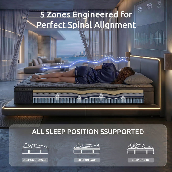 Levitex 34 cm Pocket Spring Mattress with Reinforced Edge Support & 5-Zone Pressure Relief Breathable Gel Memory Foam Hybrid Mattress for Back Pain Double