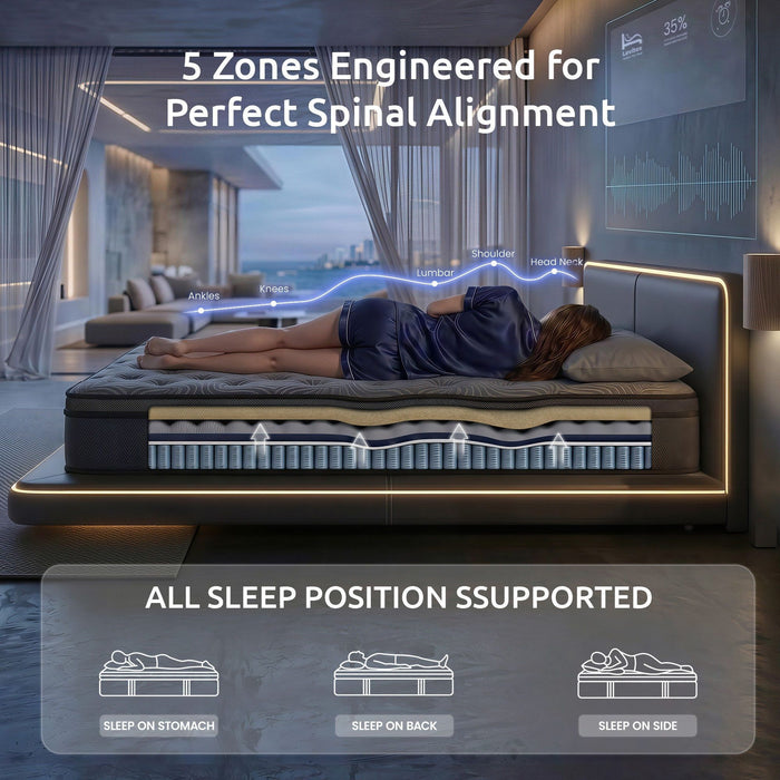 Levitex 34 cm Pocket Spring Mattress with Reinforced Edge Support & 5-Zone Pressure Relief Breathable Gel Memory Foam Hybrid Mattress for Back Pain Single