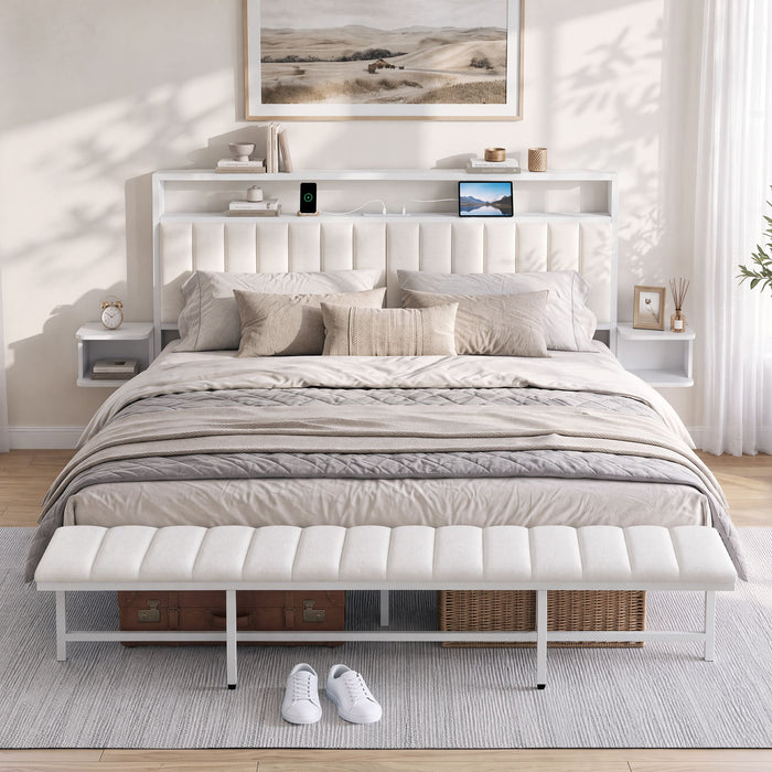 Artiss King Metal Bed Frame Boucle Headboard Charging Station Side Table White