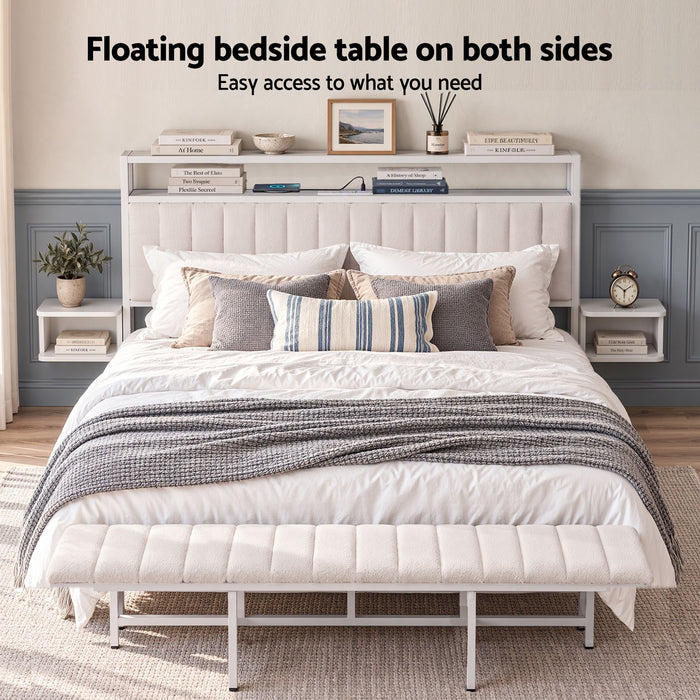 Artiss King Metal Bed Frame Boucle Headboard Charging Station Side Table White