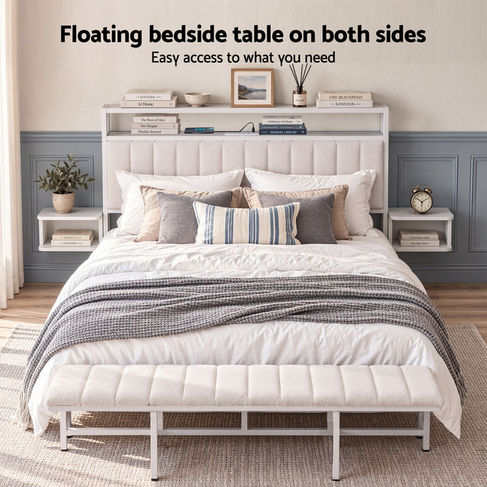 Artiss Queen Metal Bed Frame Boucle Headboard Charging Station Side Table White