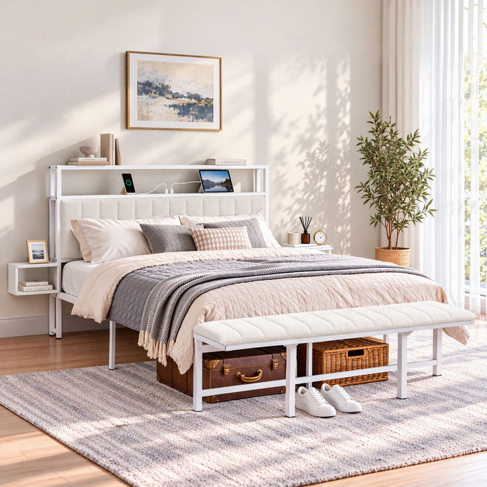 Artiss Queen Metal Bed Frame Boucle Headboard Charging Station Side Table White
