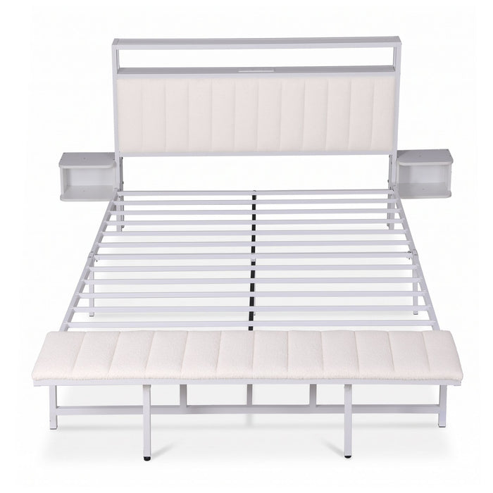 Artiss Queen Metal Bed Frame Boucle Headboard Charging Station Side Table White