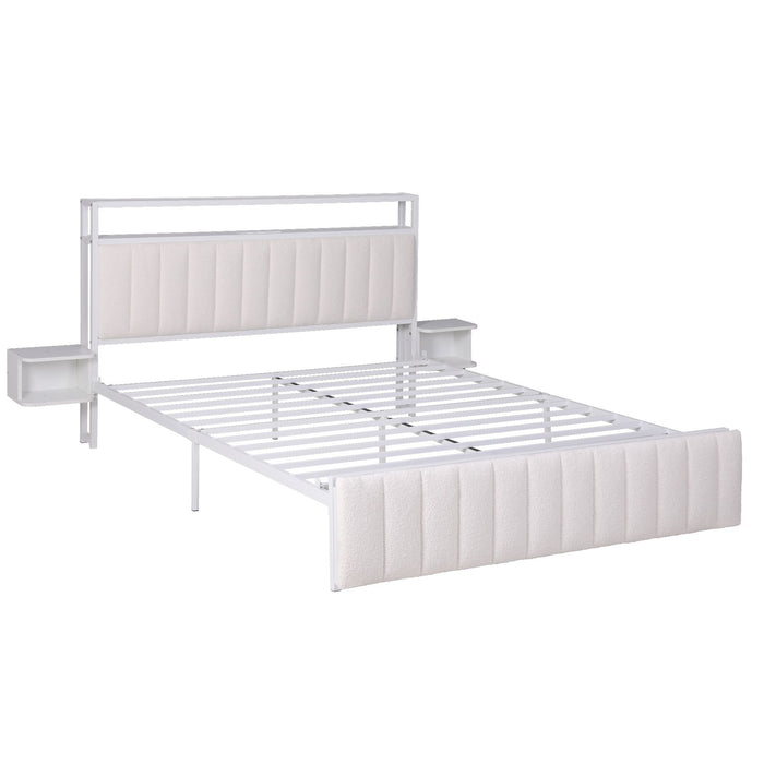 Artiss Queen Metal Bed Frame Boucle Headboard Charging Station Side Table White