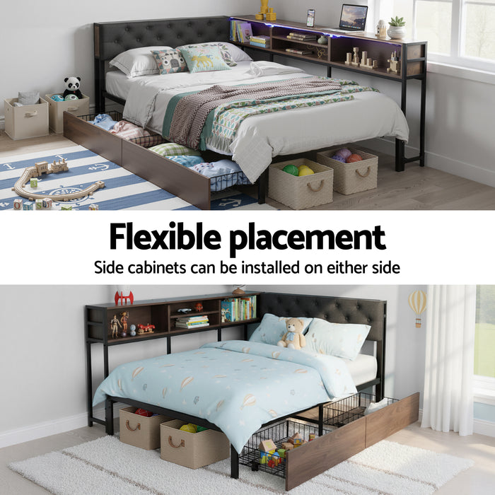 Artiss Bed Frame King Single Size with 2 Drawers and Charging Station Metal Corner Bed Base