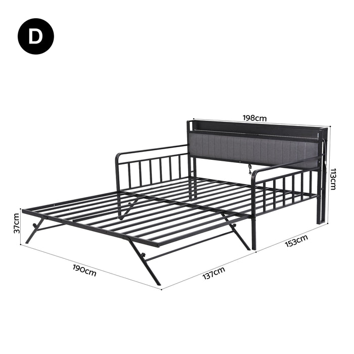 Artiss Bed Frame Double LED Metal Trundle Daybed with Charging Station TURN