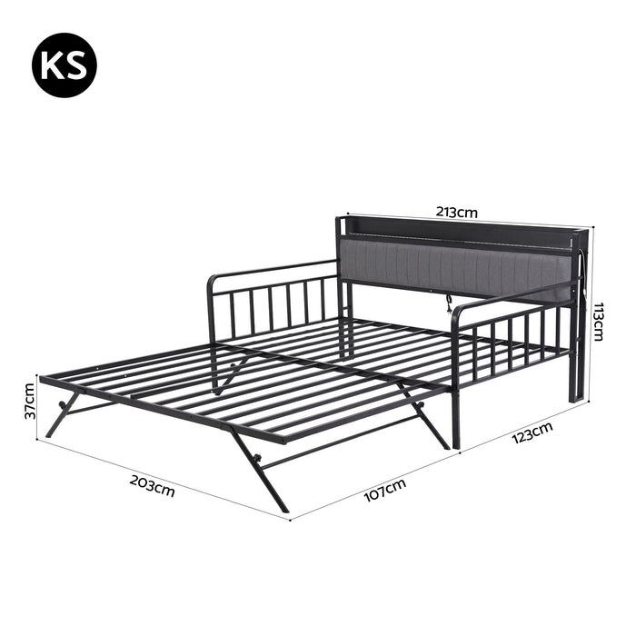 Artiss Bed Frame King Single LED Metal Trundle Daybed with Charging Station TURN