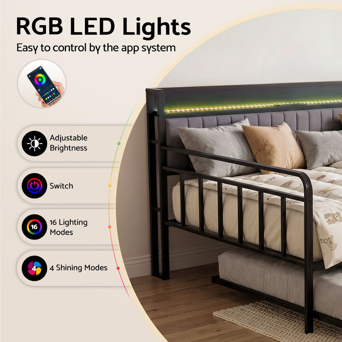 Artiss Bed Frame King Single LED Metal Trundle Daybed with Charging Station TURN