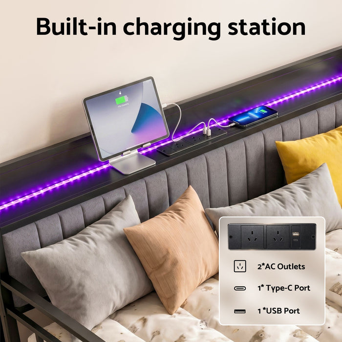 Artiss Bed Frame King Single LED Metal Trundle Daybed with Charging Station TURN