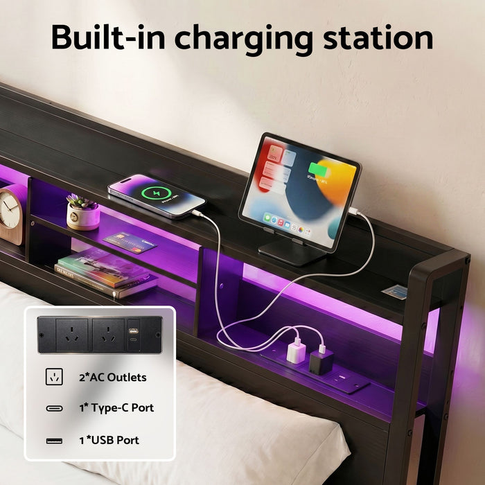 Artiss Bed Frame Double with Charging Station Storage Organizer Drawers LED ZAC