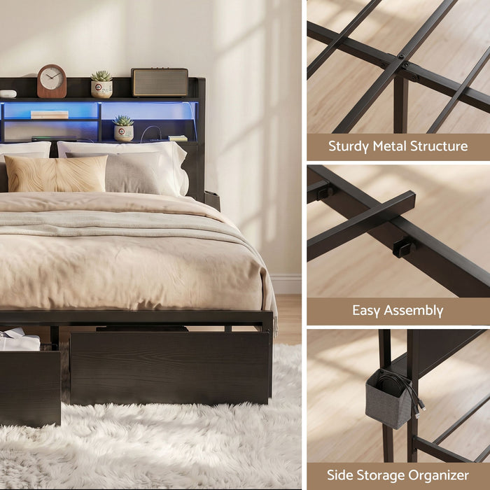 Artiss Bed Frame Double with Charging Station Storage Organizer Drawers LED ZAC