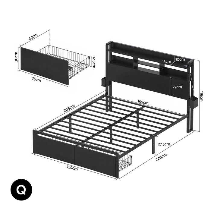 Artiss Bed Frame Queen with Charging Station Storage Organizer Drawers LED ZAC