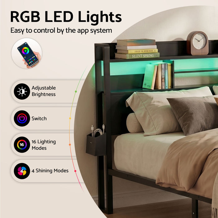 Artiss Bed Frame Queen with Charging Station Storage Organizer Drawers LED ZAC
